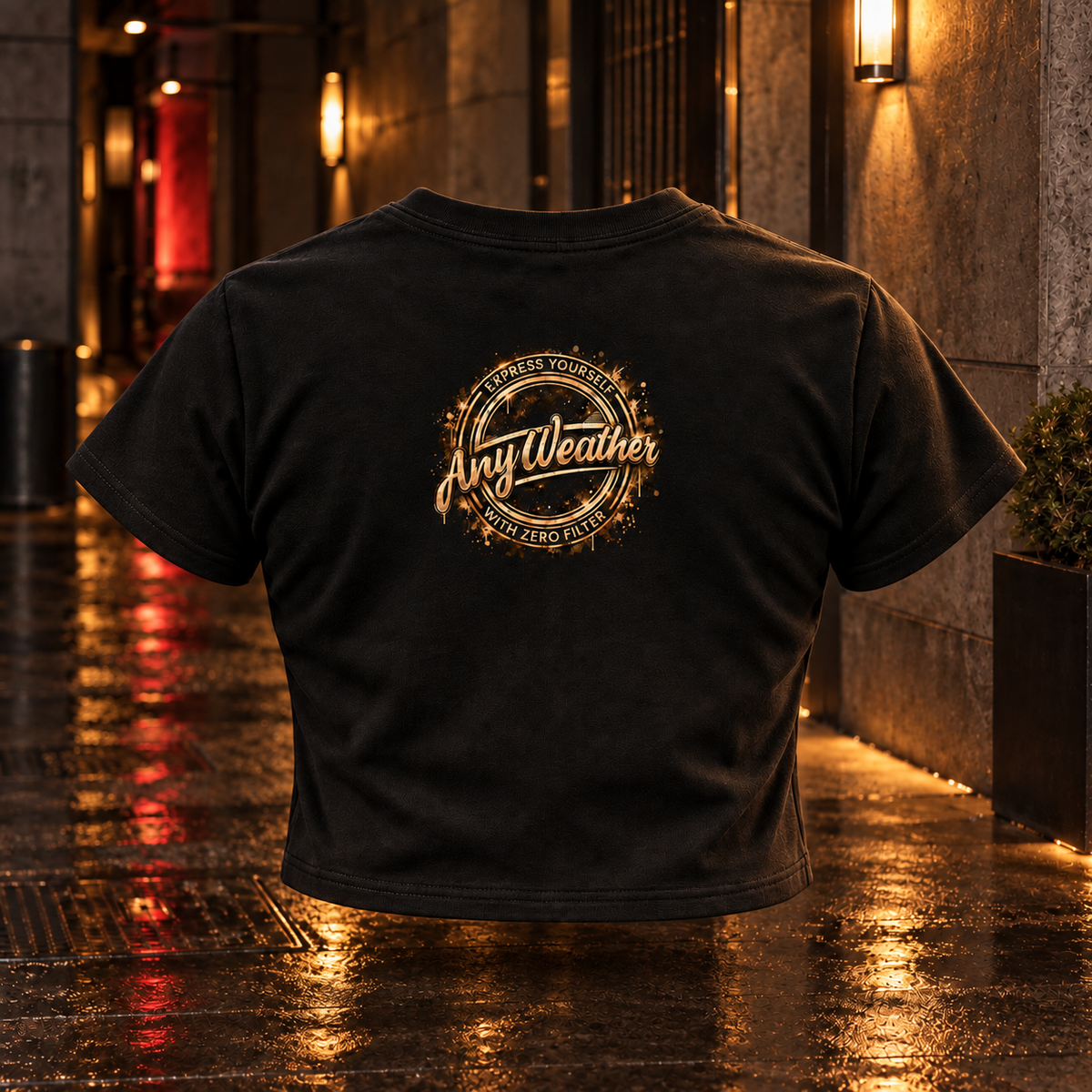 Realistic back product view of the black AnyWeather baby tee in a detailed wet nighttime corridor