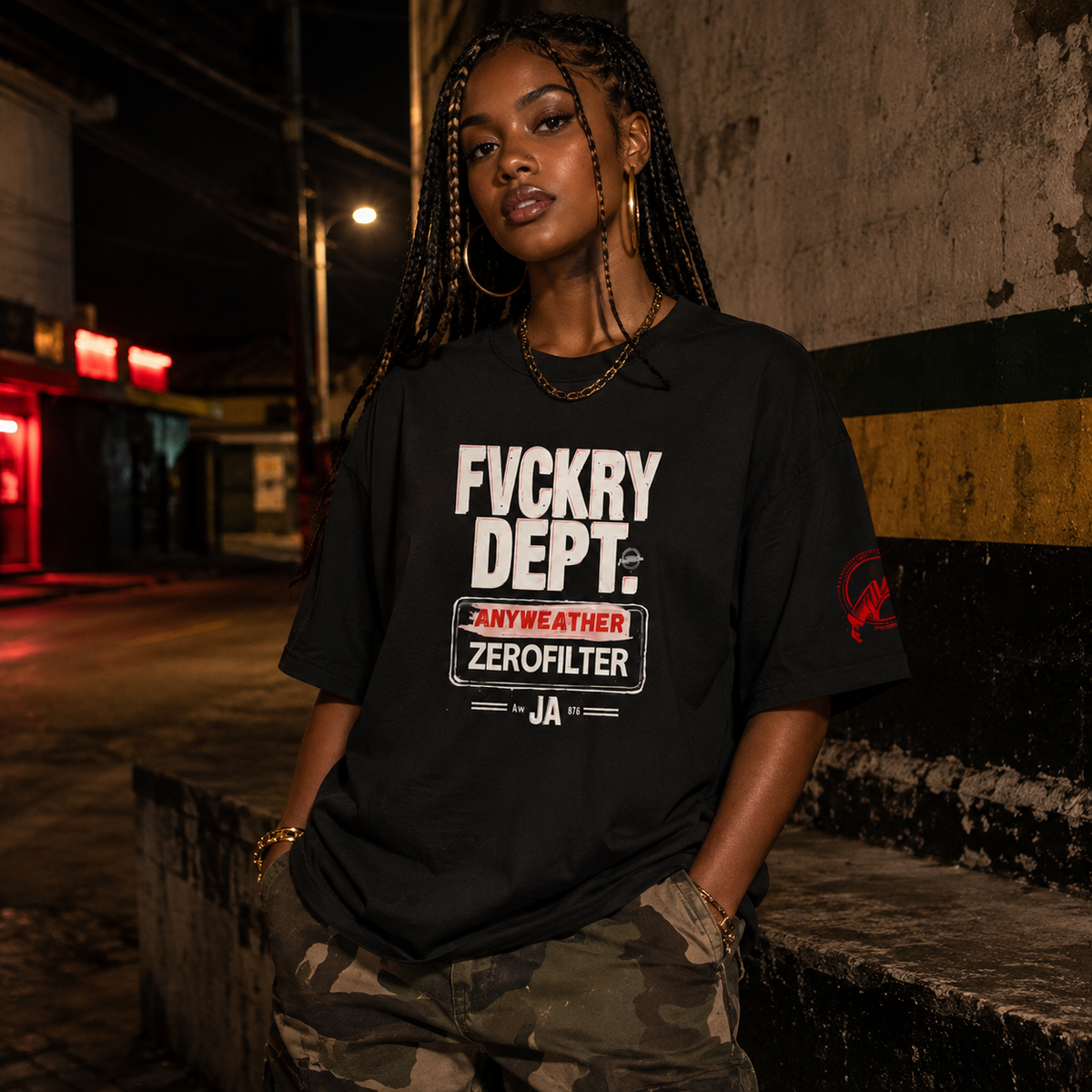 Female model wearing AnyWeather FVCKRY Dept oversized black T-shirt