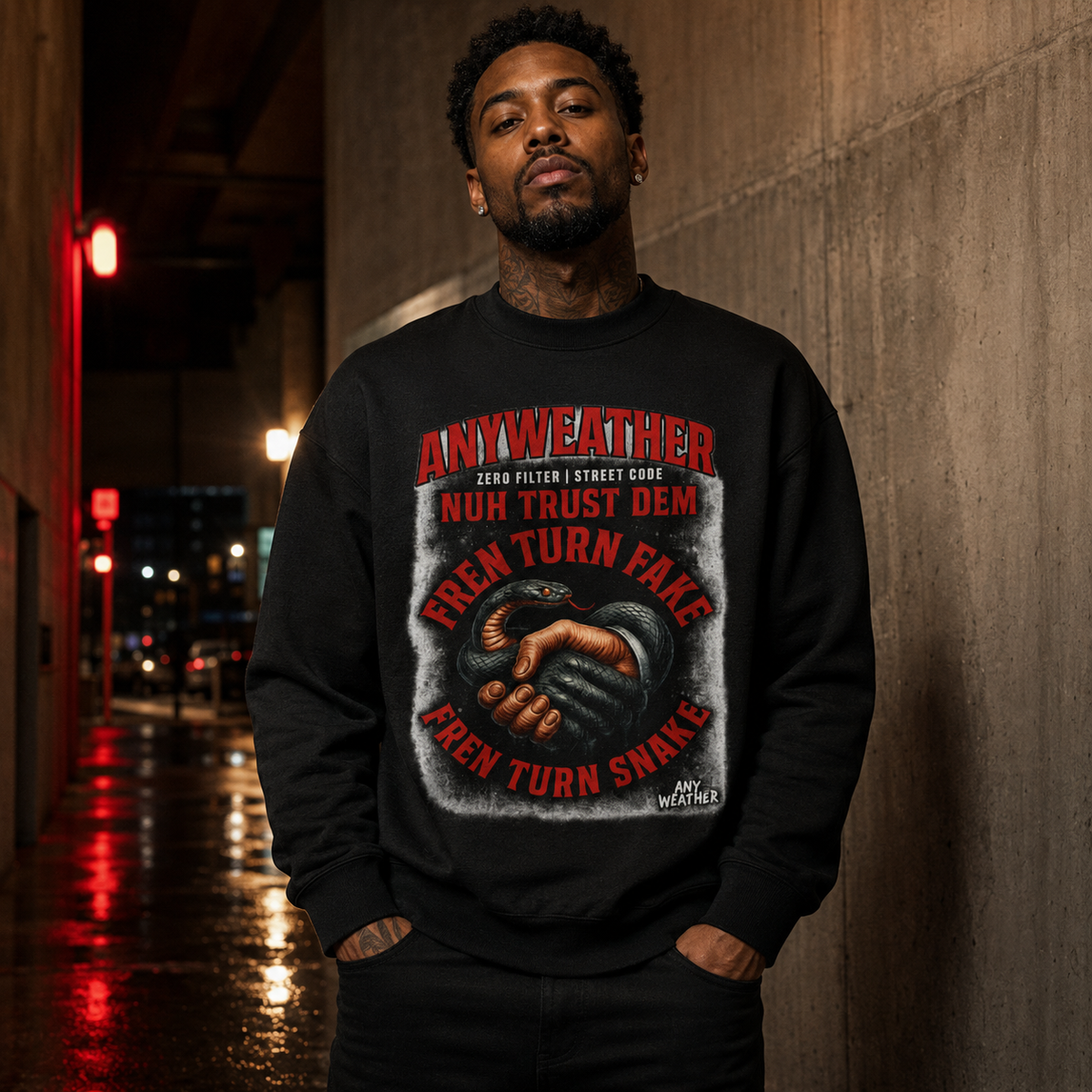 Male model wearing Fren Turn Snake Crewneck Black front