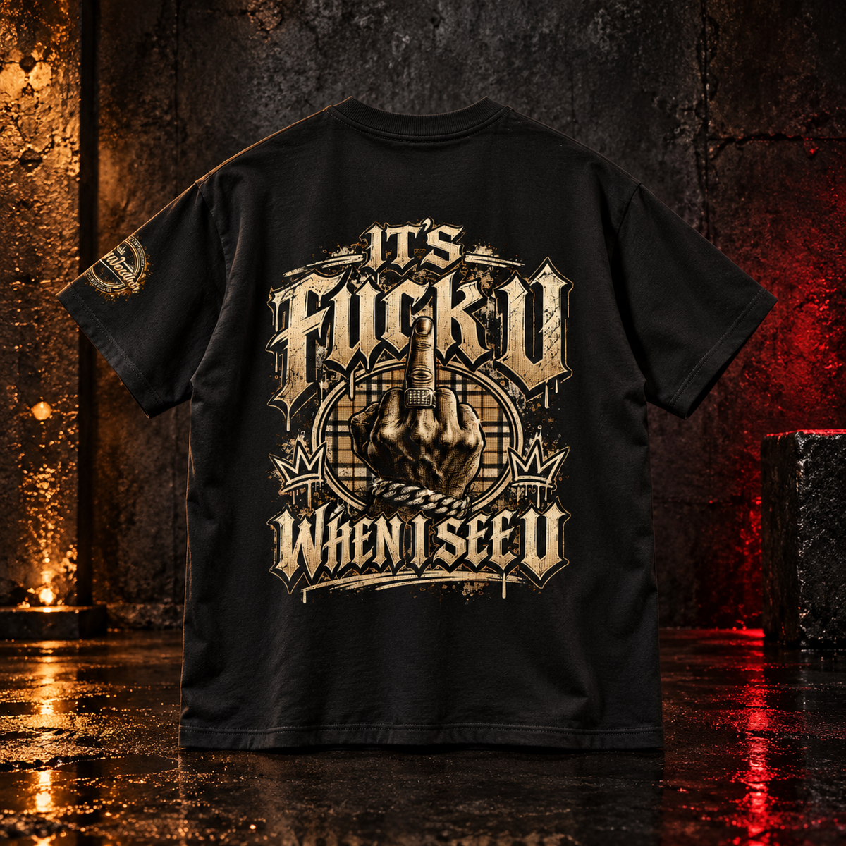 Black IT’S FUCK U WHEN I SEE U statement tee back mockup