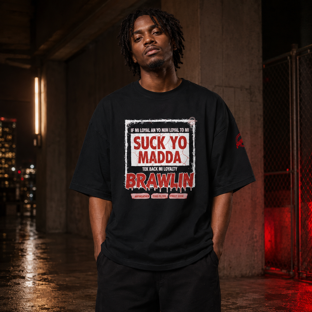 Male model wearing Loyalty Refunded oversized black T-shirt front