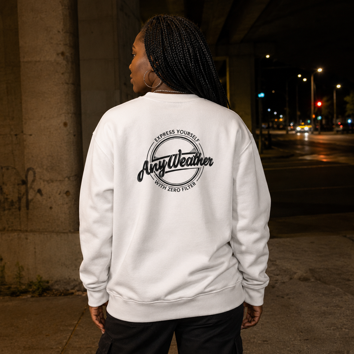 AnyWeather white heavyweight crewneck — female model back