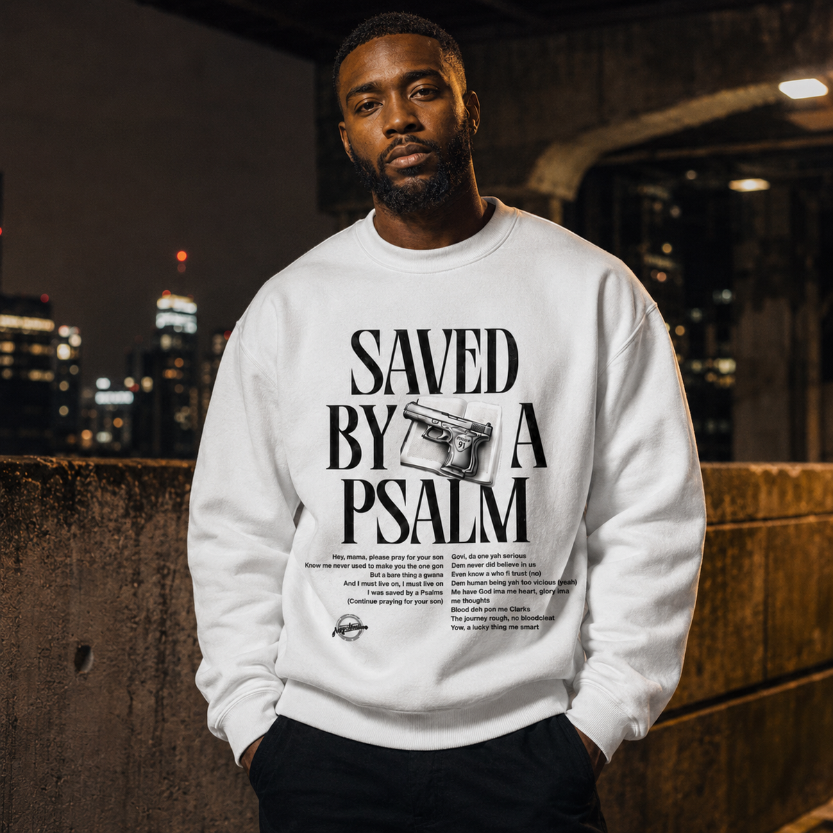 Saved By A Psalm white heavyweight crewneck — male model front
