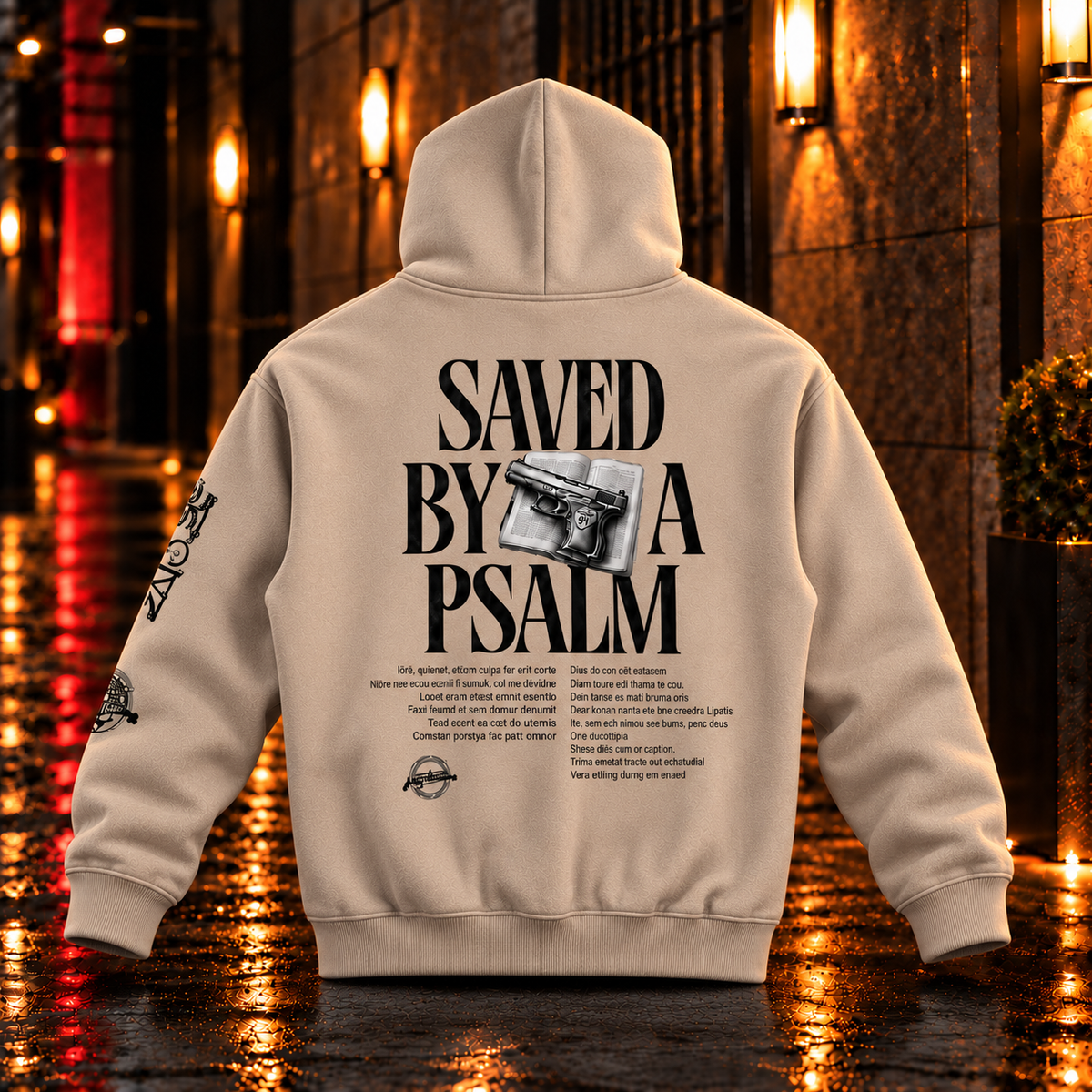 Saved By A Psalm Gray Apricot hoodie back — realistic heavyweight fleece product mockup