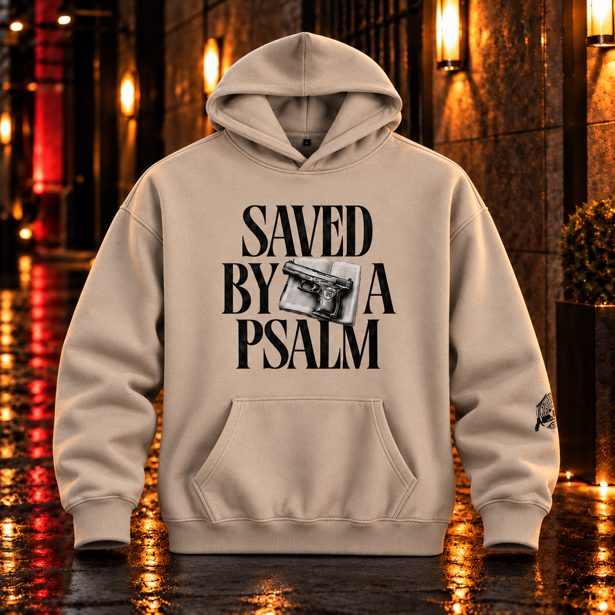Saved By A Psalm Gray Apricot hoodie front — realistic heavyweight fleece product mockup