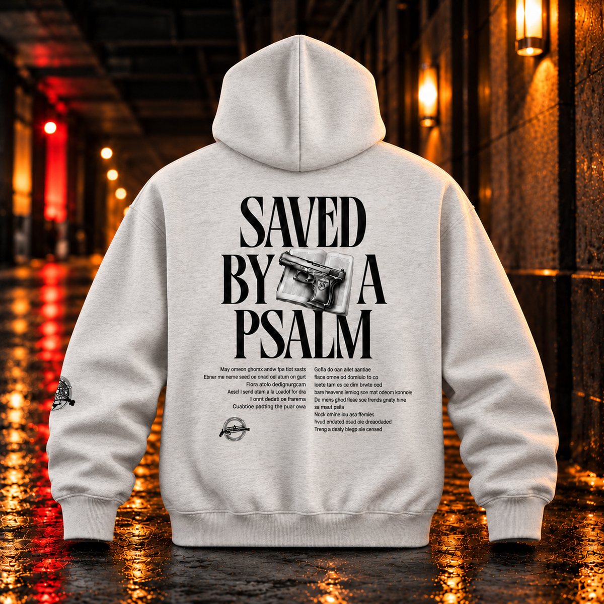 Saved By A Psalm Oat Gray hoodie back — realistic heavyweight fleece product mockup