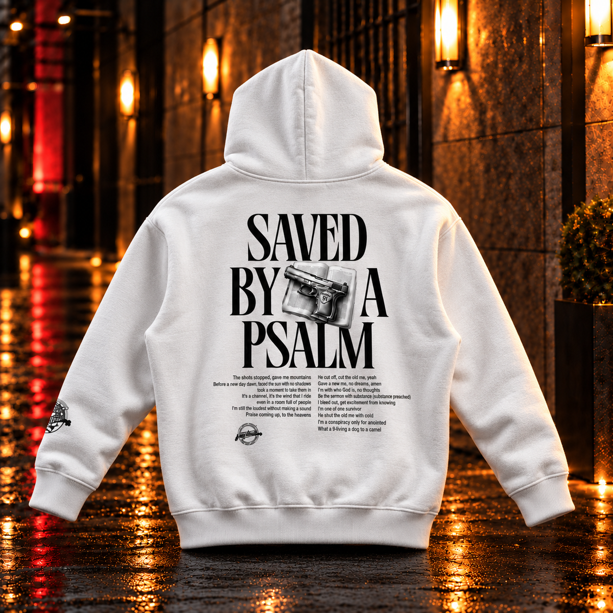Saved By A Psalm white hoodie back — realistic heavyweight fleece product mockup