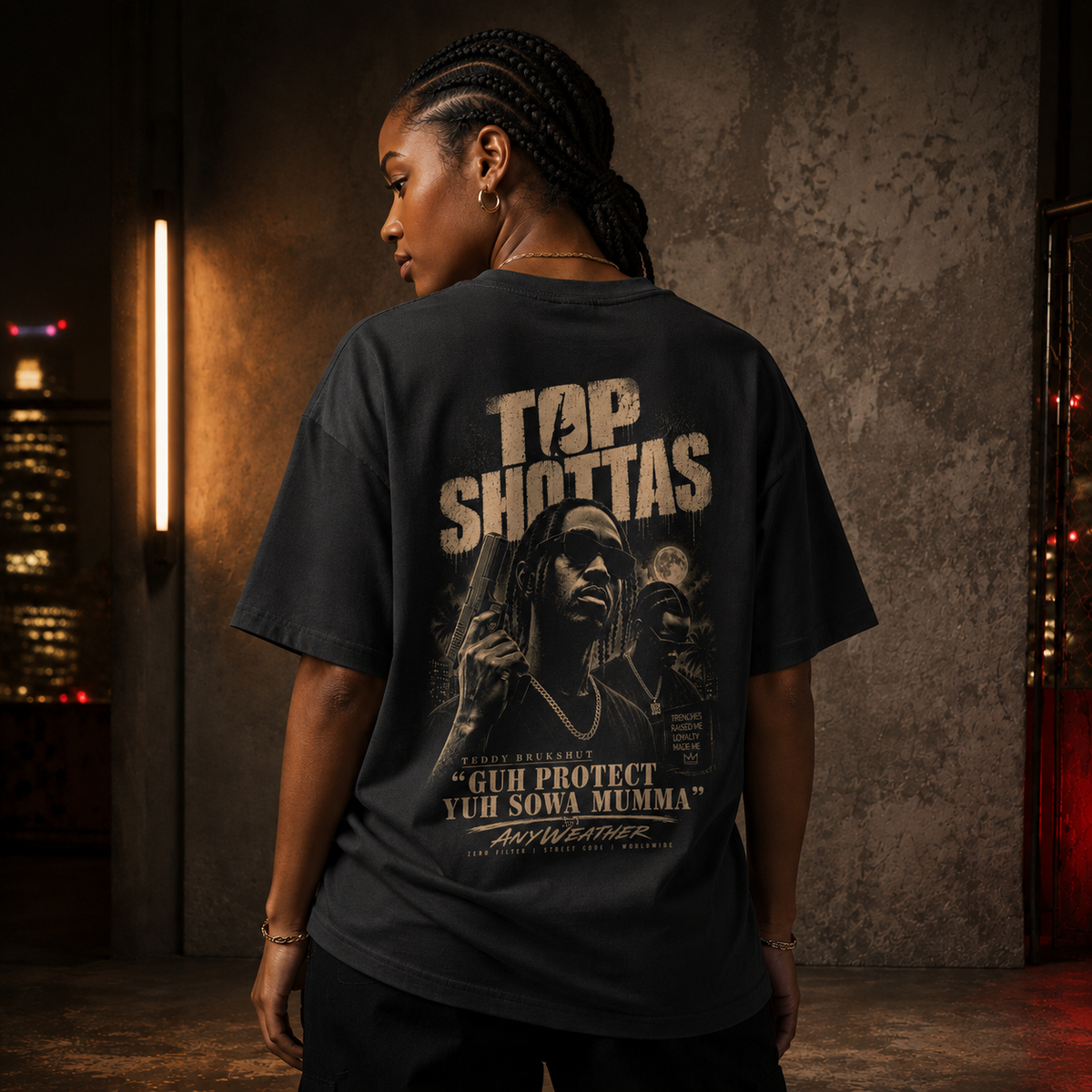 Female model wearing Top Shottas Teddy Brukshut T-Shirt in Black — back