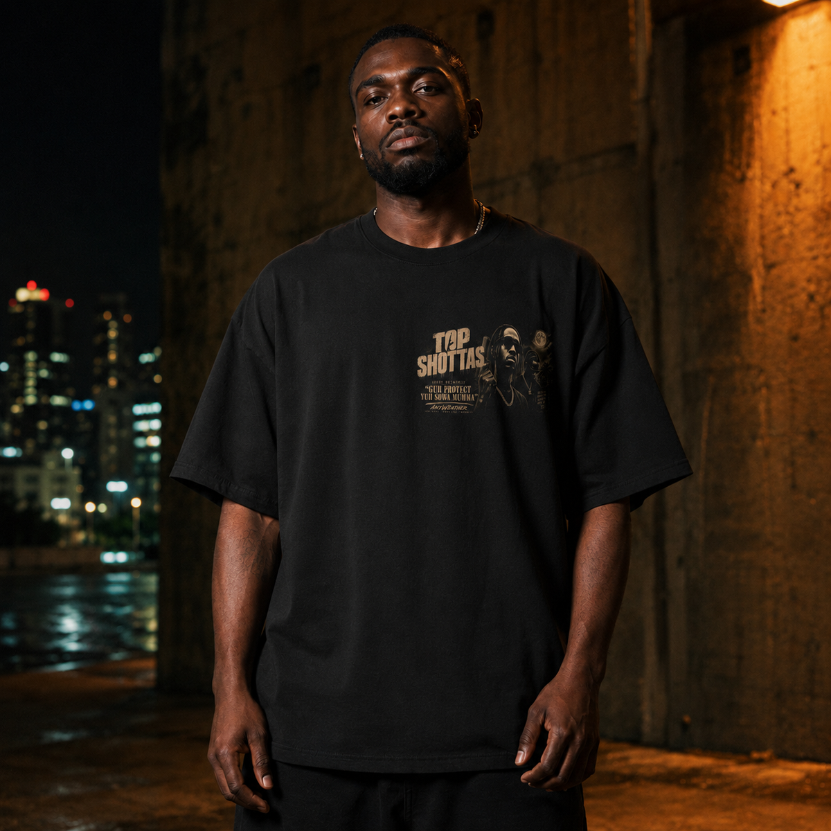 Male model wearing Top Shottas Teddy Brukshut T-Shirt in Black — front
