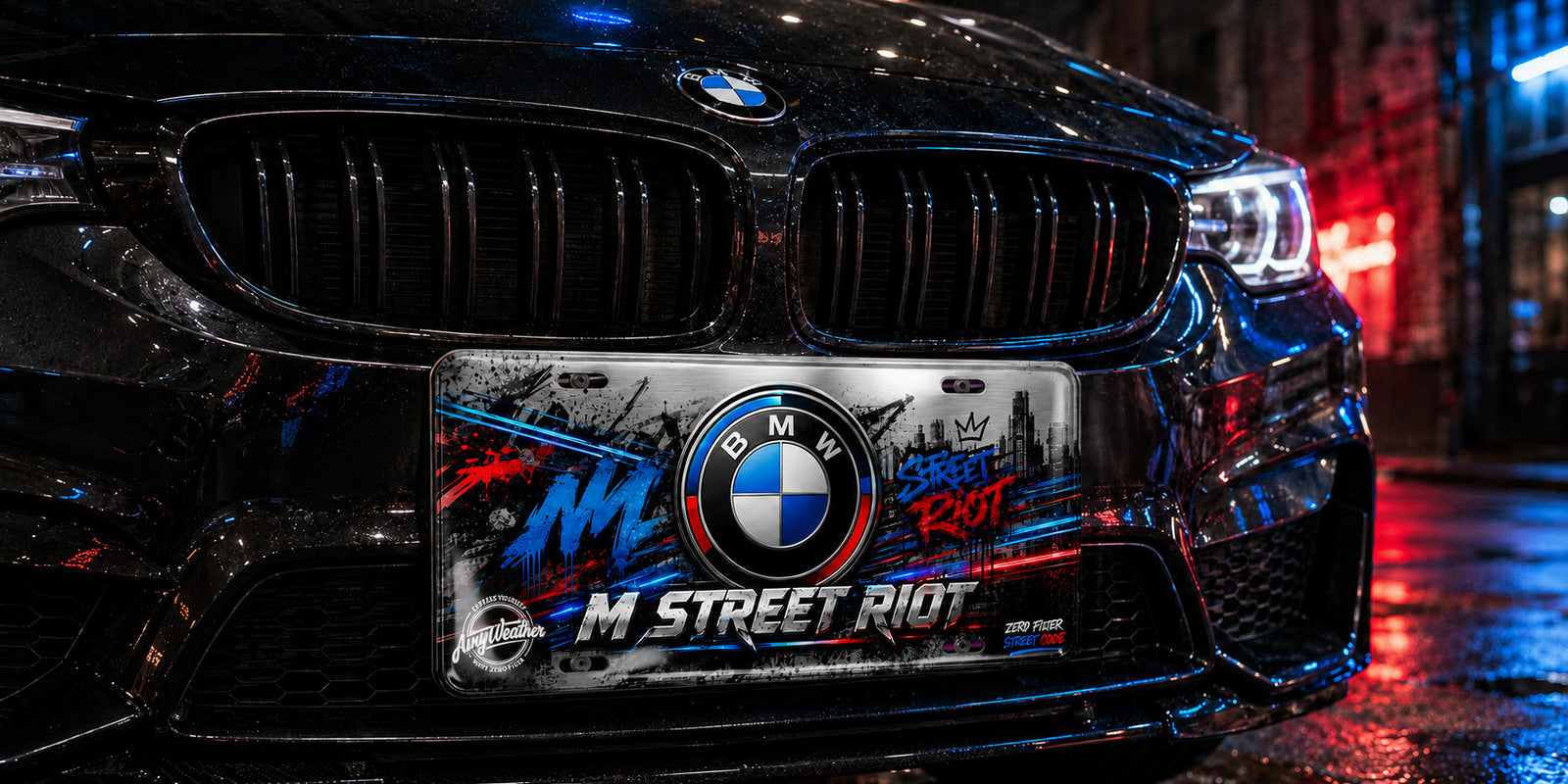 Glossy M Street Riot custom plate mounted on a black BMW