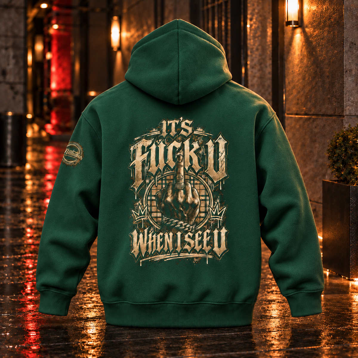 Back view of the Eden Green Anyweather FUCK U WHEN I SEE U oversized fleece hoodie in a wet nighttime corridor