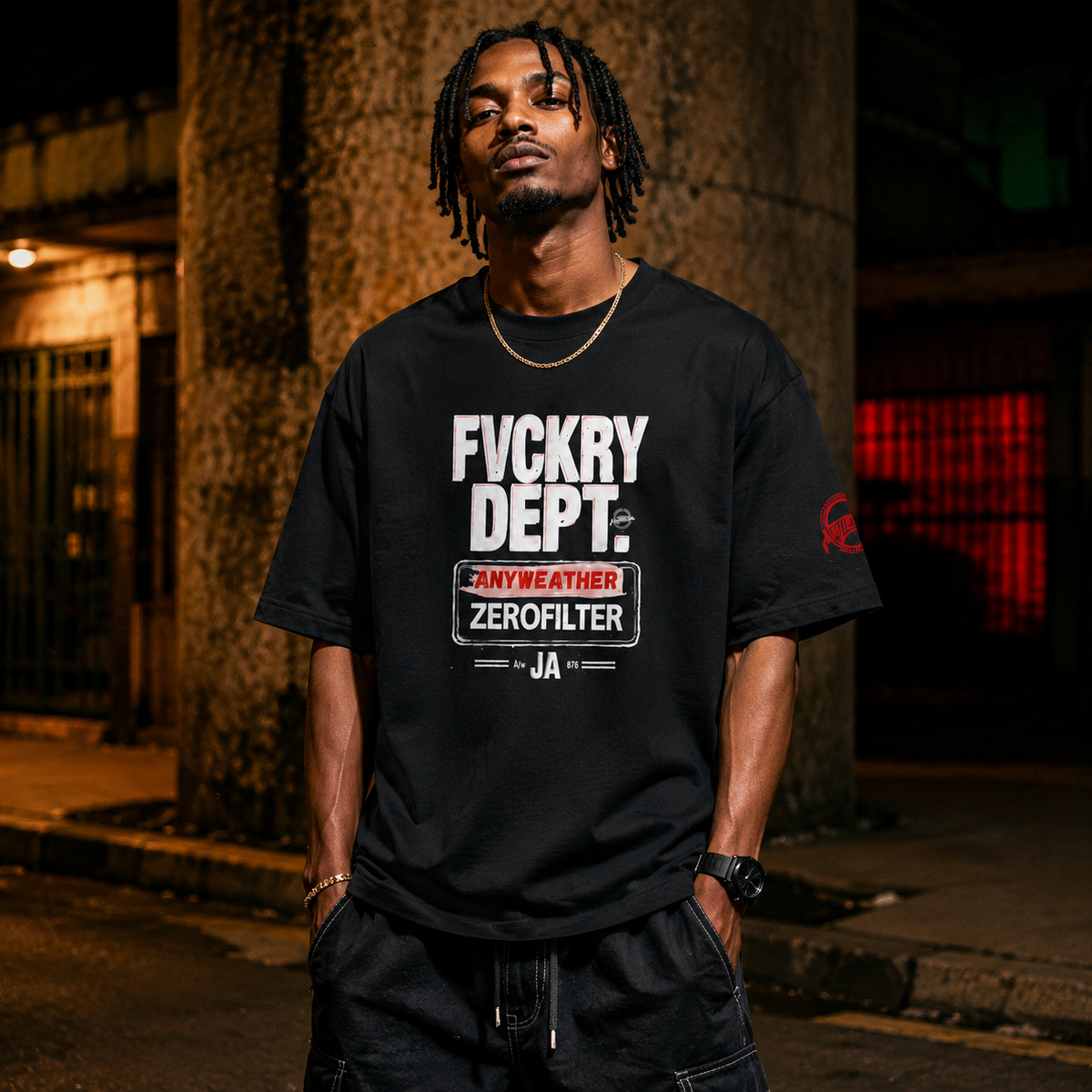 Male model wearing AnyWeather FVCKRY Dept oversized black T-shirt