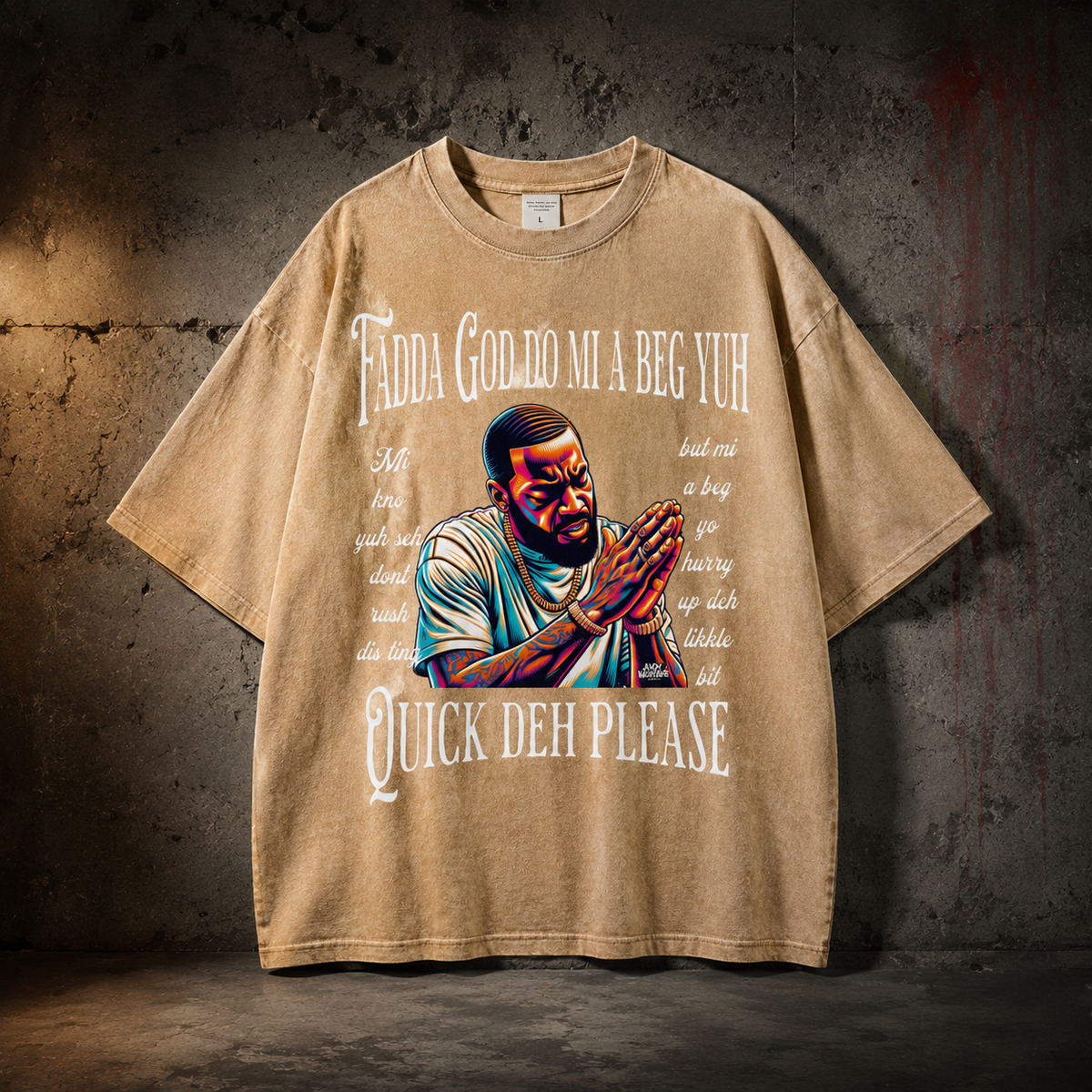 Apricot Fadda God Mi a Beg Yuh oversized T-shirt premium product mockup