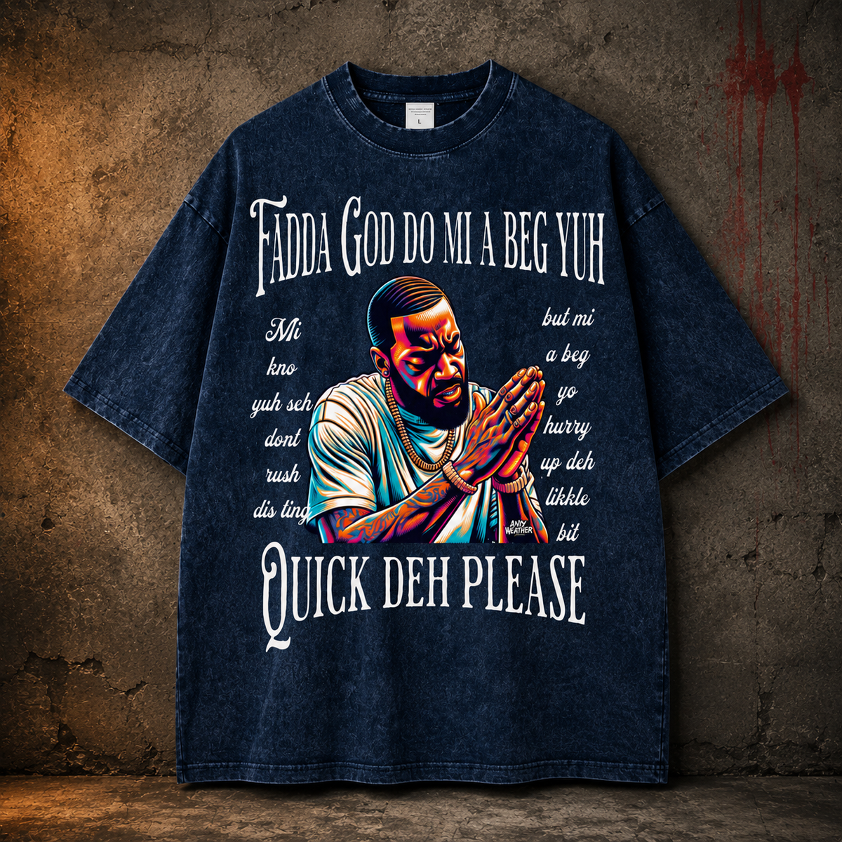 Dark blue Fadda God Mi a Beg Yuh oversized T-shirt premium product mockup