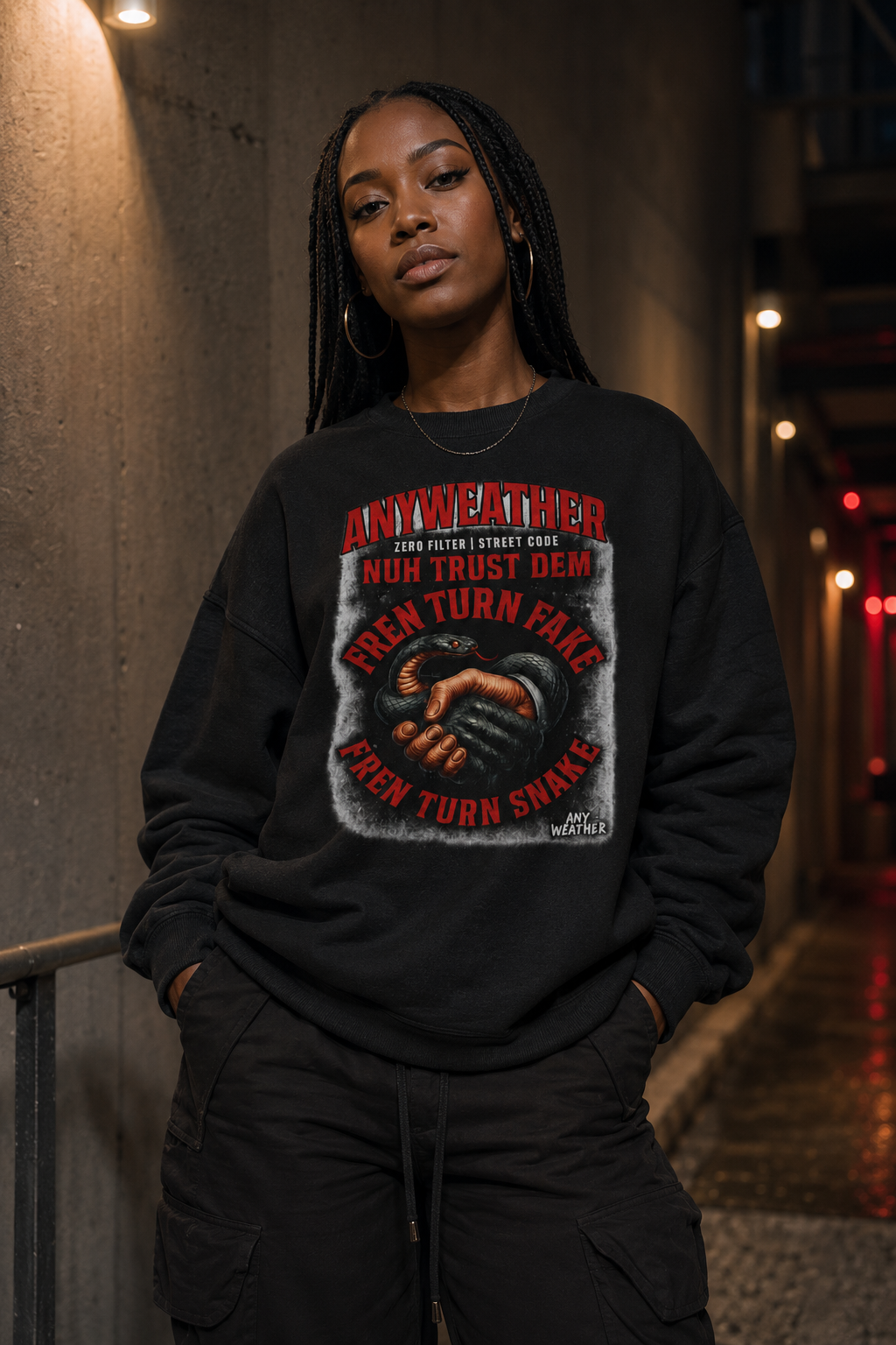 Female model wearing Fren Turn Snake Crewneck Black front