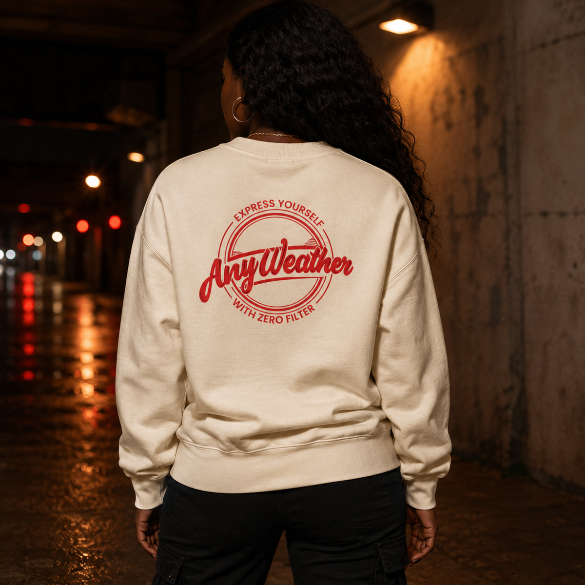 Female model wearing Fren Turn Snake Crewneck Camel back
