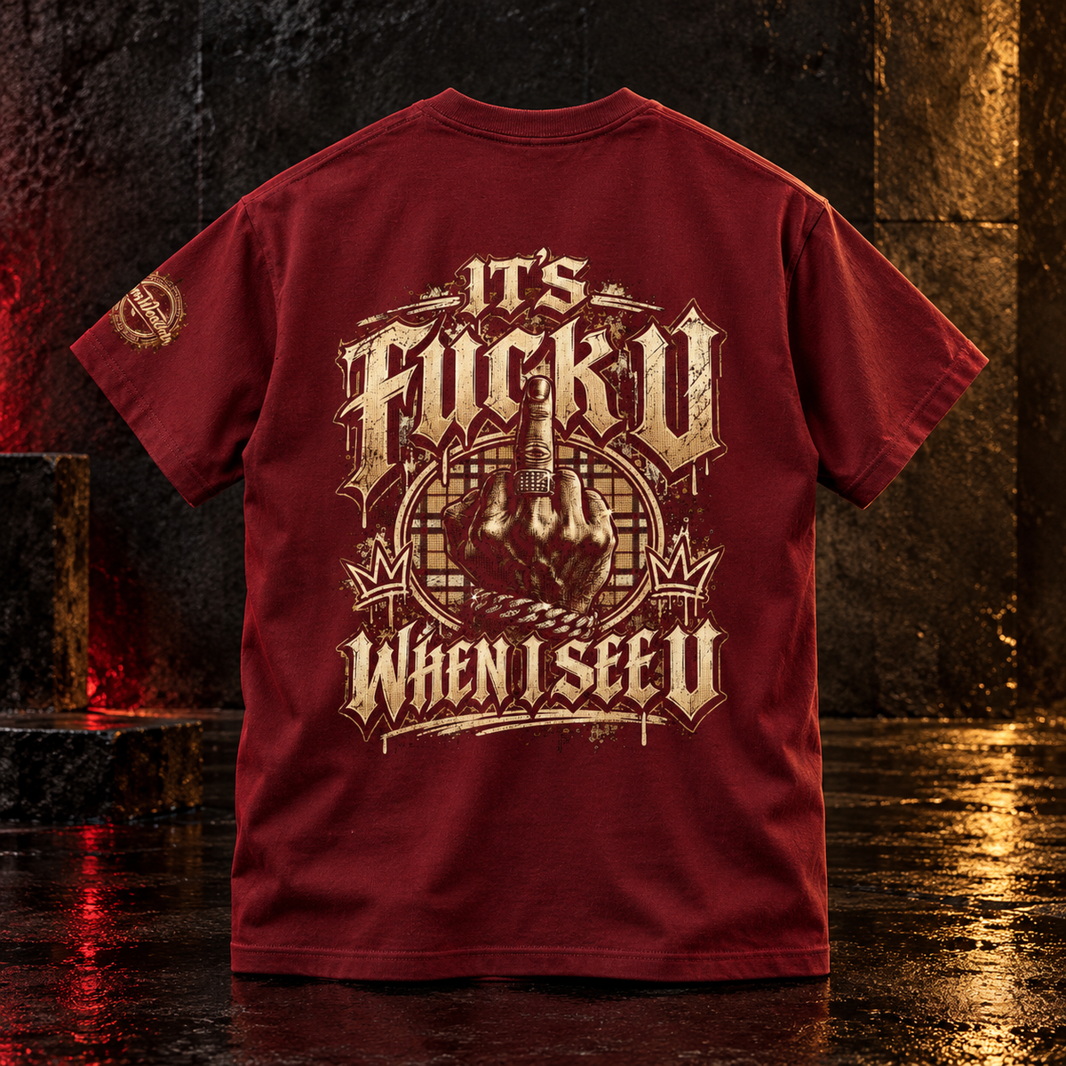Wine Red IT’S FUCK U WHEN I SEE U statement tee back mockup