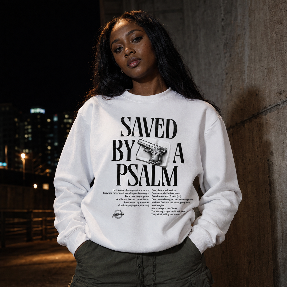 Saved By A Psalm white heavyweight crewneck — female model front