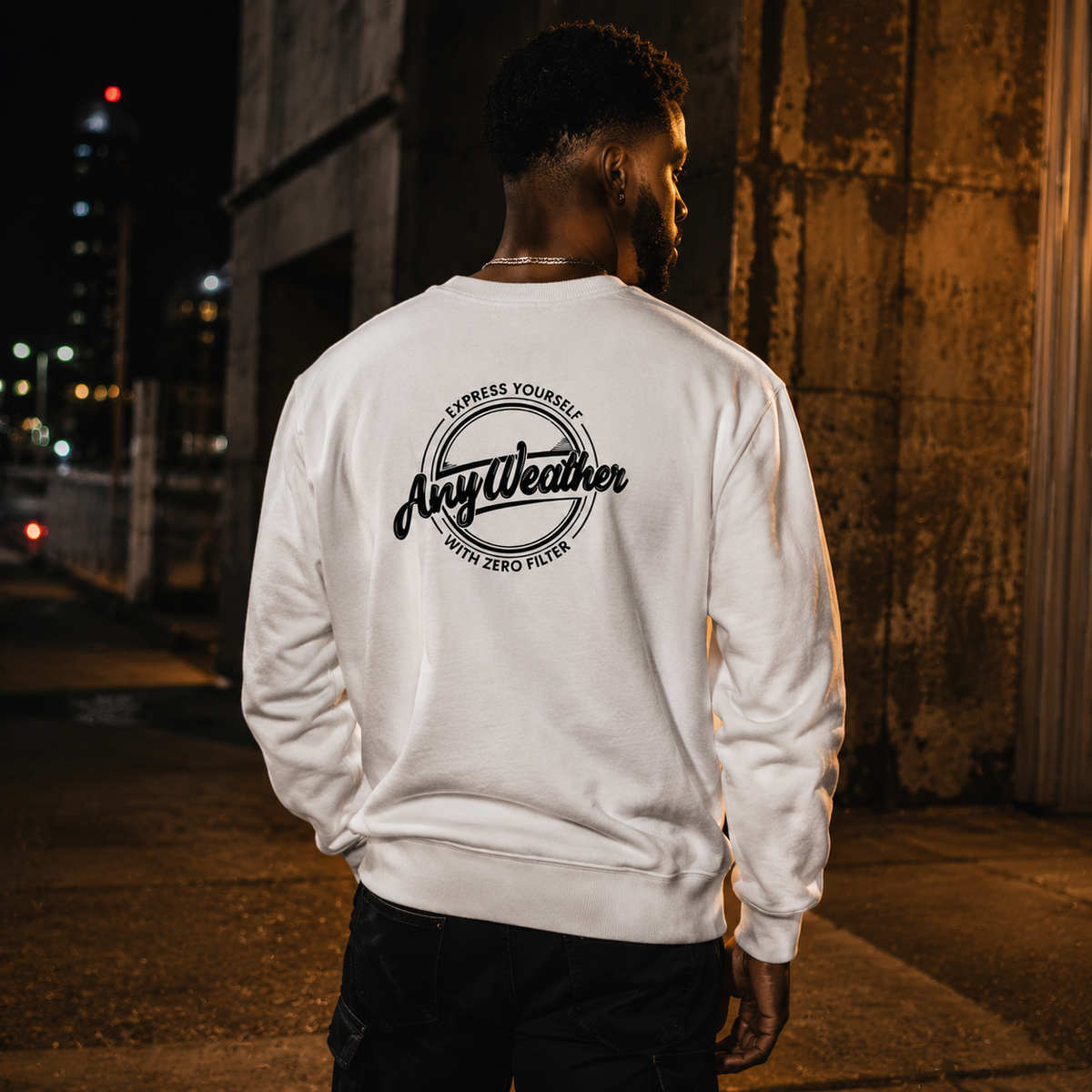AnyWeather white heavyweight crewneck — male model back