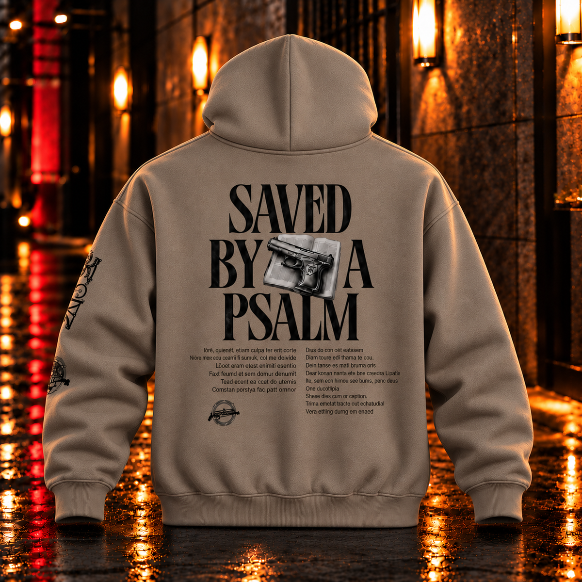 Saved By A Psalm Gray Coffee hoodie back — realistic heavyweight fleece product mockup