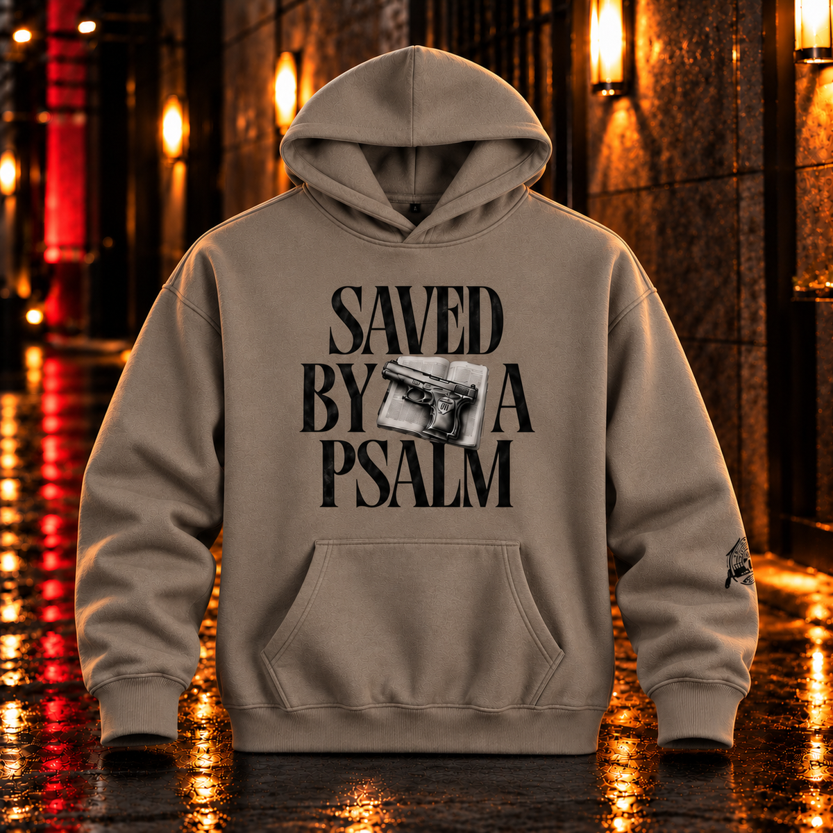 Saved By A Psalm Gray Coffee hoodie front — realistic heavyweight fleece product mockup