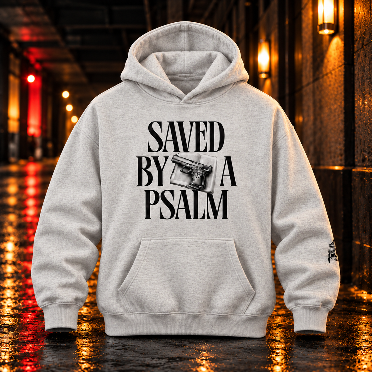 Saved By A Psalm Oat Gray hoodie front — realistic heavyweight fleece product mockup