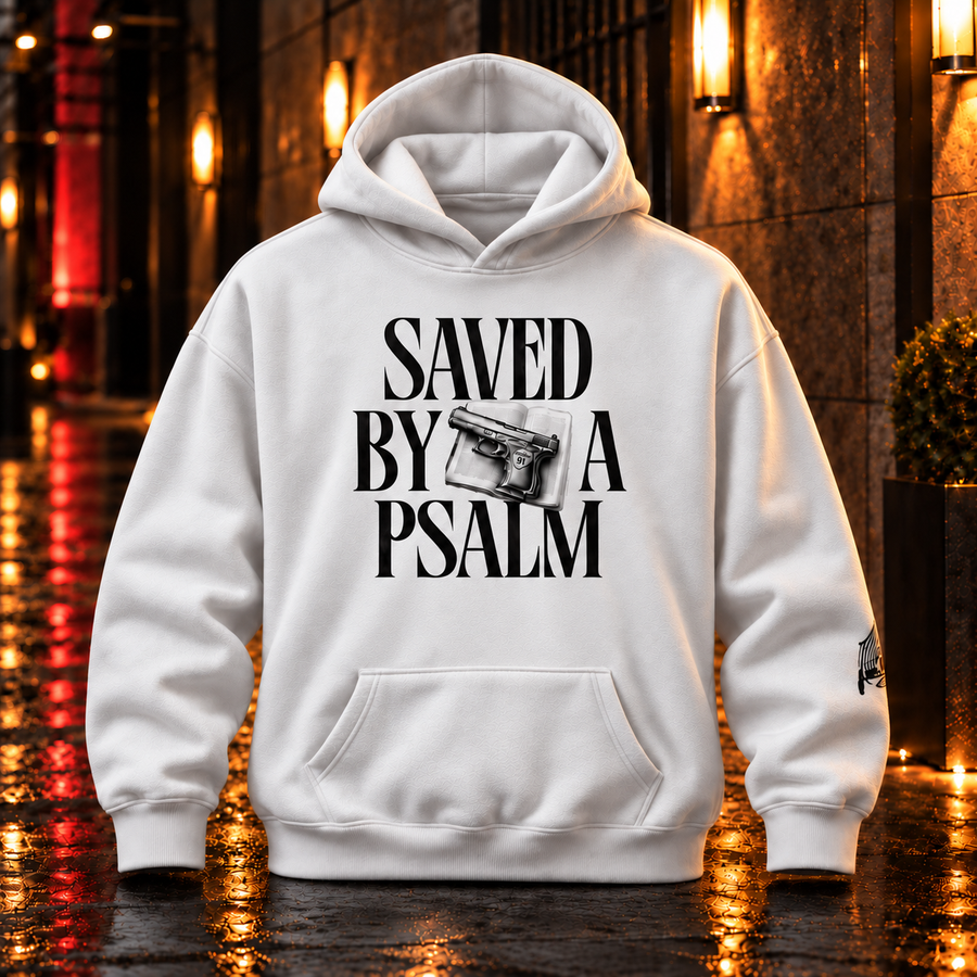 Saved By A Psalm white hoodie front — realistic heavyweight fleece product mockup