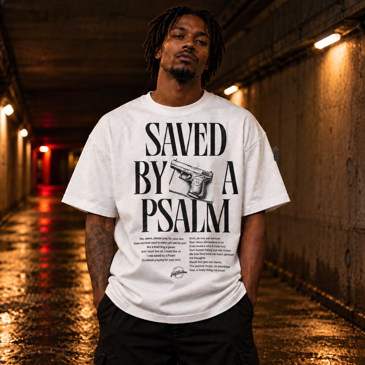 Saved By A Psalm Lucent White cotton T-shirt real male model front view