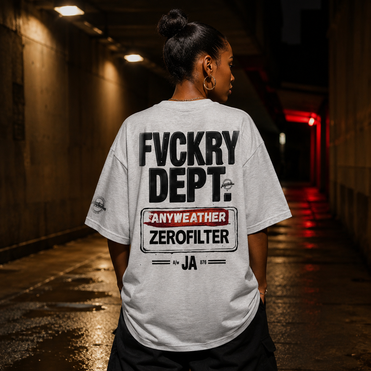 Female model wearing Flower Gray FVCKRY DEPT T-shirt back