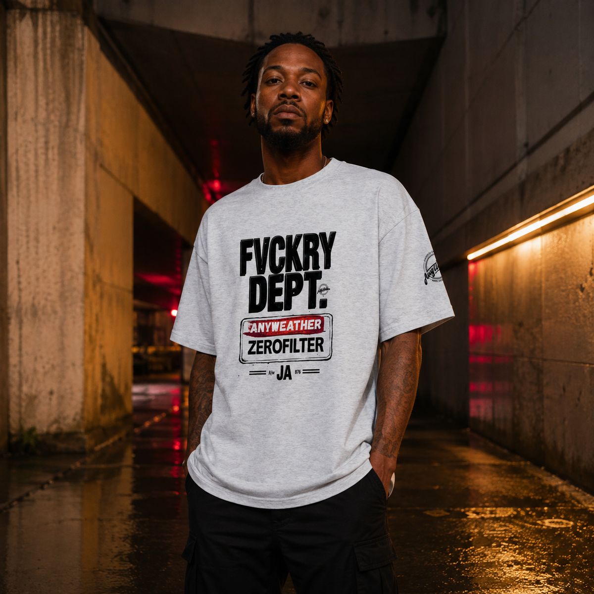 Male model wearing Flower Gray FVCKRY DEPT T-shirt front