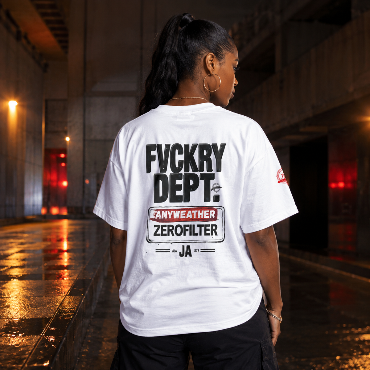 Female model wearing white oversized FVCKRY DEPT T-shirt back