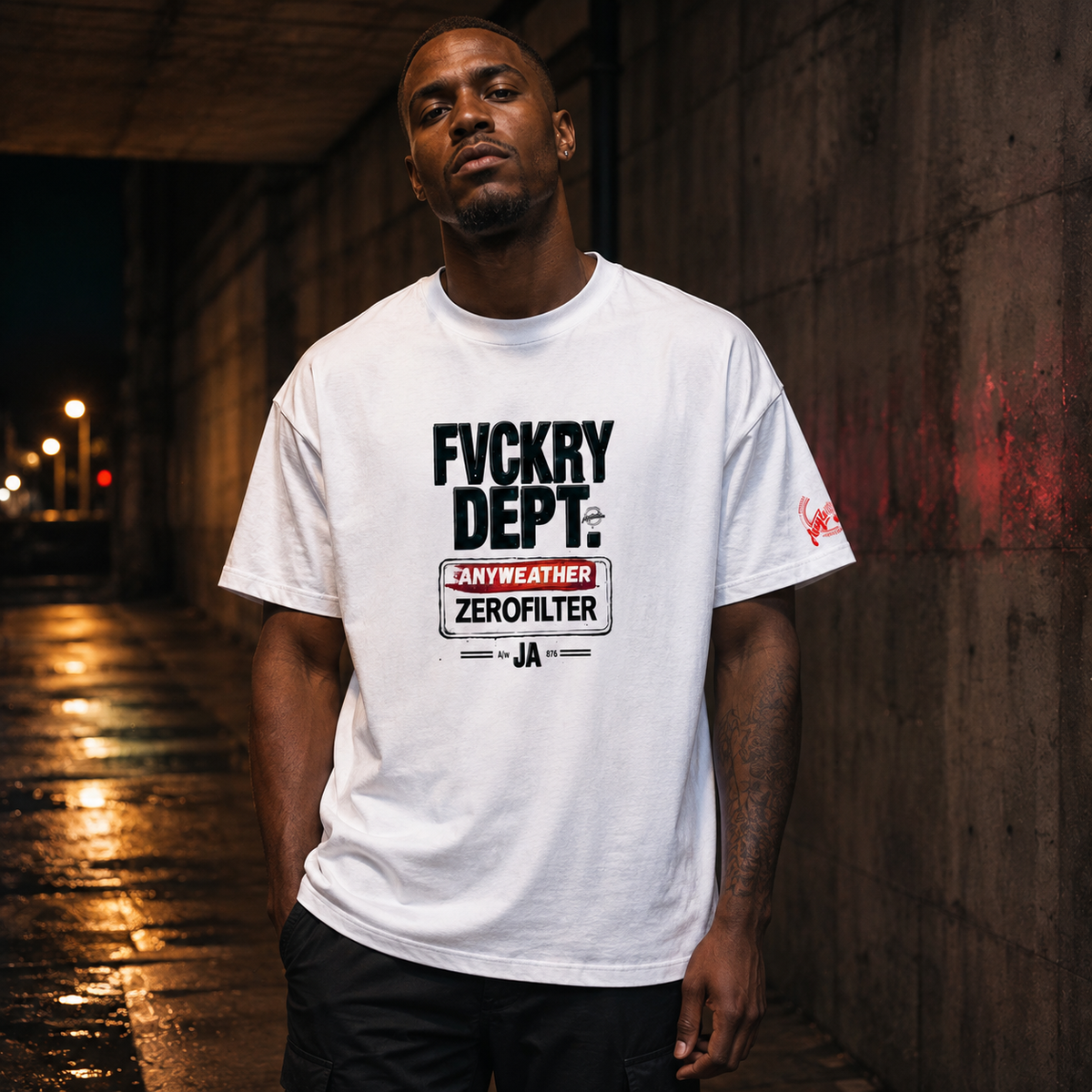 Male model wearing white oversized FVCKRY DEPT T-shirt front